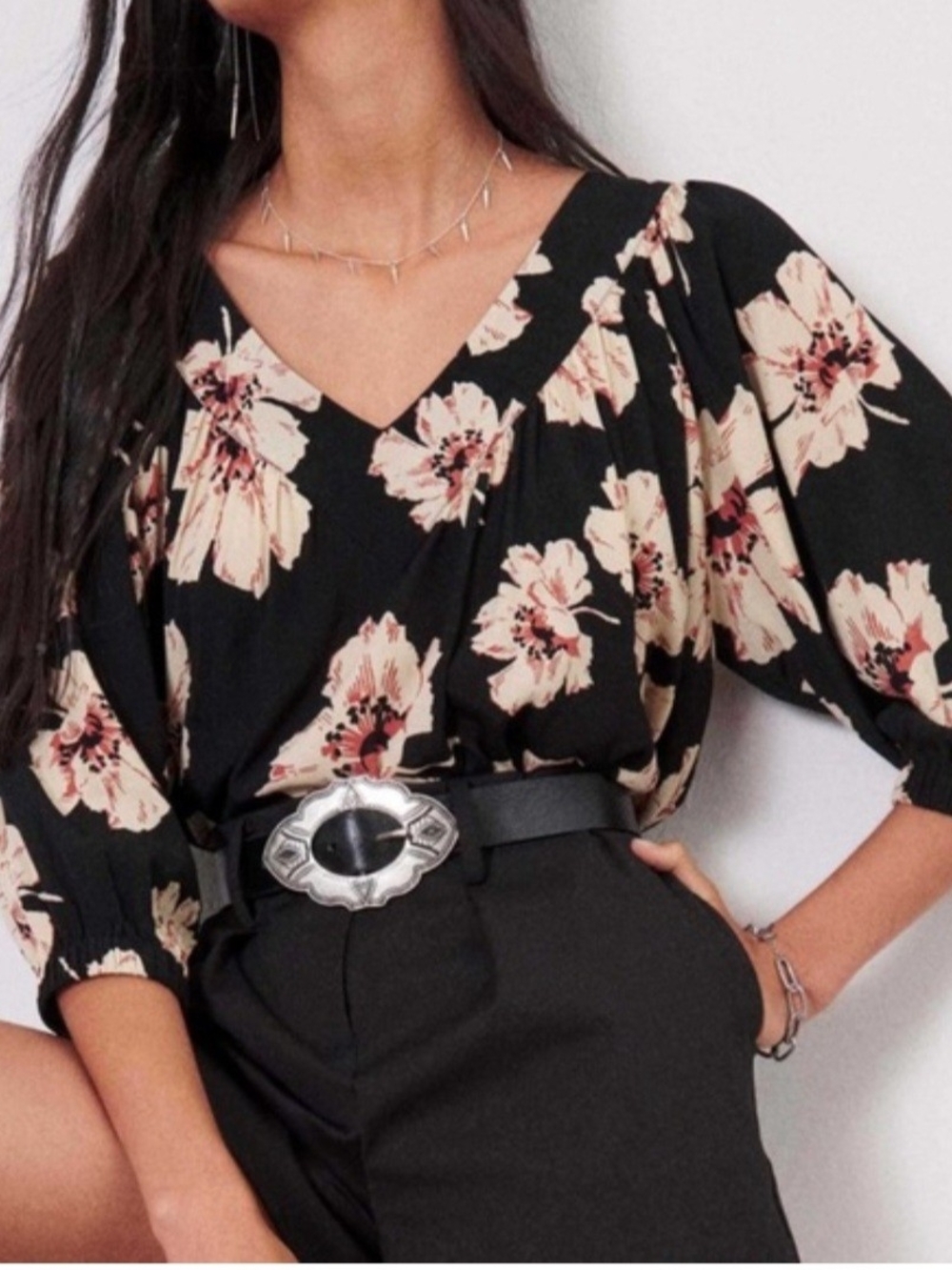ba&sh Black Floral V-Neck Blouse with Cream and Blush Blooms